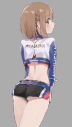 Rule 34 | 1girl, alice gear aegis, ass, belt, black shorts, braid, brown hair, cowboy shot, crop top, cropped jacket, epi zero, from behind, grey background, highres, jacket, long sleeves, looking at viewer, looking back, midriff, race queen, red eyes, short hair, short shorts, shorts, simple background, solo, sutegoro shiina, thighs, white jacket