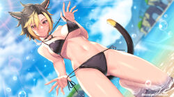 Rule 34 | 1girl, animal ears, barefoot, bikini, bikini pull, black bikini, blurry, breasts, cat tail, closed mouth, clothes pull, commission, depth of field, final fantasy, final fantasy xiv, gluteal fold, hair between eyes, kneeling, kouzuki tsubasa (musou kaidou), looking at viewer, medium breasts, midriff, miqo&#039;te, multicolored hair, multiple necklaces, navel, ocean, pulled by self, red eyes, skeb commission, smile, solo, splashing, string bikini, swimsuit, tail, toned, two-tone hair, warrior of light (ff14), wet, wet clothes, wet swimsuit
