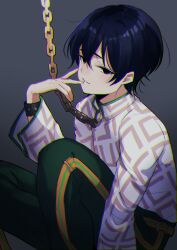 Rule 34 | 1boy, black eyes, blue hair, blush, chain, charisma house, facing to the side, gold chain, gradient background, green pants, grey background, highres, jacket, looking at viewer, male focus, motohashi iori, multicolored clothes, multicolored jacket, pants, pink jacket, ryuha akita, signature, solo, white jacket