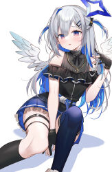 Rule 34 | 1girl, amane kanata, amane kanata (work), angel, angel wings, asymmetrical legwear, between legs, black dress, black gloves, black ribbon, black socks, blue hair, blue thighhighs, blush, colored inner hair, commentary, dress, feathered wings, frilled dress, frills, gloves, grey hair, hair between eyes, halo, hand between legs, hand up, hat, highres, hololive, kneehighs, long hair, long sleeves, looking at viewer, machi (7769), multicolored hair, official alternate hair length, official alternate hairstyle, parted lips, partially fingerless gloves, playing with own hair, pleated dress, purple eyes, revision, ribbon, single hair intake, single kneehigh, single sock, single thighhigh, sitting, socks, solo, star halo, thighhighs, two side up, uneven legwear, virtual youtuber, white background, wings