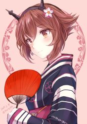 Rule 34 | 10s, 1girl, alternate eye color, anchor, anchor earrings, blue kimono, blush, brown eyes, brown hair, chrysanthemum, closed mouth, dated, earrings, floral print, flower, from side, gloves, hair between eyes, hair flower, hair ornament, hand fan, headgear, japanese clothes, jewelry, kabocha torute, kantai collection, kimono, long sleeves, looking at viewer, mutsu (kancolle), obi, paper fan, pink background, sash, short hair, smile, solo, striped clothes, striped kimono, twitter username, upper body, white gloves, wide sleeves, yukata