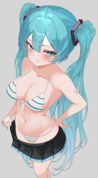 1girl :q absurdres aqua_eyes aqua_hair arm_tattoo bikini black_skirt blue_eyes blue_hair blush breasts cleavage closed_mouth collarbone eikawa_suru hand_on_own_hip hatsune_miku highres long_hair medium_breasts miniskirt navel pleated_skirt skirt solo striped_bikini striped_clothes swimsuit tattoo tongue tongue_out twintails very_long_hair vocaloid