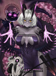 Rule 34 | 1girl, absurdres, bare shoulders, black dress, breasts, choker, cleavage, collarbone, colored skin, detached sleeves, dress, fate/grand order, fate (series), glasses, grey hair, grey skin, highres, horns, jacques de molay (foreigner) (fate), jacques de molay (foreigner) (third ascension) (fate), lamb, large breasts, looking at viewer, outstretched arms, sheep, short dress, short hair, smile, thighs, yellow eyes, ytoy