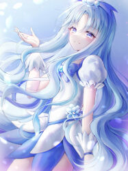 Rule 34 | 1girl, absurdres, blue background, blue choker, blue dress, blue eyes, blue hair, brooch, choker, cure marine, dress, gradient background, heart, heart brooch, heartcatch precure!, highres, jewelry, long hair, looking at viewer, magical girl, precure, puffy short sleeves, puffy sleeves, short sleeves, solo, thighhighs, white dress, white thighhighs, yume (yumeyume 030)
