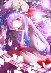 Rule 34 | 1girl, blue ribbon, blunt bangs, blush, book, commentary request, crescent, crescent hat ornament, dress, hair ribbon, hat, hat ornament, hat ribbon, highres, holding, holding book, library, long hair, long sleeves, looking at viewer, magic circle, mashiropuni, mob cap, patchouli knowledge, pink hat, purple dress, purple eyes, purple hair, red ribbon, ribbon, solo, striped clothes, striped dress, touhou, tress ribbon, vertical-striped clothes, vertical-striped dress, very long hair, voile