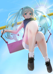 Rule 34 | 1girl, :d, ahoge, aqua eyes, aqua hair, arm up, backlighting, blush, full body, hatsune miku, highres, long hair, long image, looking at viewer, open mouth, outdoors, pencil skirt, ribbed sweater, shoes, signature, skirt, sky, smile, socks, solo, sunlight, sweater, tall image, transparent, transparent umbrella, twintails, twitter username, umbrella, vocaloid, white skirt, white socks, yu-ame