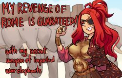 Rule 34 | 1girl, animal print, armor, breastplate, centurii-chan (artist), colored eyelashes, commentary, elephant, english commentary, english text, eyepatch, grin, hannibal (centurii-chan), highres, jewelry, leopard print, lips, long hair, long sleeves, one eye covered, open mouth, original, ponytail, purple robe, red eyes, red hair, red nails, ring, robe, scar, scar across eye, smile, solo, swept bangs