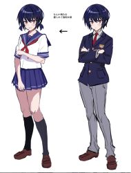 Rule 34 | 1boy, androgynous, black legwear, blue hair, blush, brown footwear, check translation, clenched teeth, closed mouth, crossdressing, crossed arms, grey pants, hair ornament, hairclip, jacket, loafers, long sleeves, looking at viewer, low twintails, miniskirt, multiple views, neckerchief, necktie, original, pants, pleated skirt, purple jacket, purple sailor collar, purple skirt, red eyes, red neckwear, sailor collar, school uniform, serafuku, shirt, shoes, simple background, skirt, socks, standing, teeth, translation request, trap, twintails, ulrich (tagaragakuin), white background, white shirt