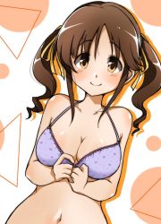 Rule 34 | 1girl, adjusting bra, adjusting clothes, blush, bra, breasts, brown eyes, brown hair, cleavage, closed mouth, commentary, drill hair, dutch angle, hair ribbon, heart, heart print, idolmaster, idolmaster cinderella girls, lace, lace-trimmed bra, lace trim, looking at viewer, medium breasts, medium hair, navel, petsuo (penpen), print bra, purple bra, ribbon, smile, solo, totoki airi, twintails, underwear, underwear only, upper body, yellow ribbon
