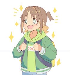 Rule 34 | + +, 1girl, :d, backpack, bag, brown hair, colored inner hair, commentary, eyes visible through hair, fang, green eyes, green hoodie, green jacket, gustavo schuler, hair intakes, highres, holding strap, hood, hood down, hoodie, jacket, light blush, long sleeves, looking away, multicolored hair, oka asahi, onii-chan wa oshimai!, open mouth, orange hair, short hair, simple background, smile, solo, sparkle, two-tone hair, two side up, upper body, white background
