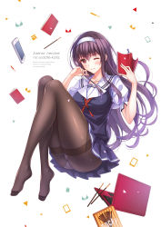 Rule 34 | 1girl, ;), absurdres, blue skirt, blush, book, bookmark, breasts, cellphone, collarbone, computer, copyright name, english text, eyebrows, food, full body, hair ribbon, hairband, highres, holding, holding book, kasumigaoka utaha, knees up, laptop, large breasts, long hair, ltt challenger, md5 mismatch, no shoes, one eye closed, open book, package, panties, panties under pantyhose, pantyhose, phone, pleated skirt, pocky, puffy short sleeves, puffy sleeves, purple hair, red eyes, red ribbon, revision, ribbon, saenai heroine no sodatekata, sailor, sailor collar, short sleeves, simple background, sitting, skirt, smartphone, smile, solo, sweater vest, tareme, text focus, thighband pantyhose, tress ribbon, underwear, upskirt, white background, white panties
