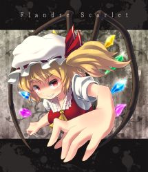 Rule 34 | 1girl, blonde hair, blueberry (5959), character name, english text, female focus, flandre scarlet, hat, highres, ponytail, red eyes, short hair, side ponytail, solo, embodiment of scarlet devil, touhou, wings