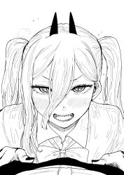 Rule 34 | 1boy, 1girl, absurdres, blush, bow, bowtie, chainsaw man, commentary request, cross-shaped pupils, hair between eyes, heavy breathing, hetero, highres, horns, kaiman garupan, monochrome, nail polish, official alternate hairstyle, open mouth, pov, power (chainsaw man), sharp teeth, smile, symbol-shaped pupils, teeth, twintails