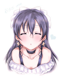 Rule 34 | 1girl, bad id, bad pixiv id, blue hair, blush, bow, choker, close-up, closed eyes, earrings, facing viewer, hair between eyes, heart, incoming kiss, ivioss, jewelry, kira-kira sensation!, kiss, long hair, love live!, love live! school idol project, pov, simple background, solo, sonoda umi, white background