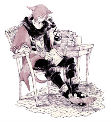 Rule 34 | 1boy, animal ears, ankle boots, black footwear, black pants, black scarf, book, book stack, boots, cat boy, cat ears, cat tail, chair, closed eyes, collarbone, commentary, crossed ankles, cup, elbow gloves, elbow rest, facial mark, final fantasy, final fantasy xiv, fingerless gloves, from side, full body, g&#039;raha tia, gloves, hatching (texture), highres, holding, holding book, itowo (itowc), jacket, jewelry, male focus, miqo&#039;te, monochrome, mug, on chair, pants, pendant, red hair, red jacket, scarf, short hair, shoulder belt, simple background, sitting, solo, swept bangs, table, tail, white background