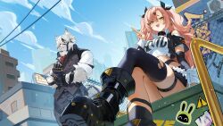 Rule 34 | 1boy, 1girl, :d, bare shoulders, black footwear, black pants, black ribbon, black thighhighs, black vest, blue sky, boots, building, city, cloud, daniel deng, day, furry, furry male, green eyes, hair ribbon, highres, long hair, looking at viewer, midriff, nicole demara, open mouth, outdoors, pants, pink hair, ribbon, shirt, sitting, sky, smile, strapless, thigh strap, thighhighs, thighs, tube top, two side up, very long hair, vest, von lycaon, white hair, white shirt, zenless zone zero