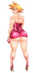 Rule 34 | 1boy, ass, blonde hair, blue eyes, clothes, dragonball z, dress, lipstick, looking back, makeup, male focus, muscular, muscular male, open mouth, penis, short hair, simple background, small penis, smile, solo, solo focus, son goku, suiren ciao, testicles, white background