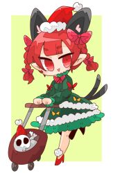 Rule 34 | 1girl, animal ears, bone, bow, bowtie, cat ears, cat girl, cat tail, christmas, commentary, dress, extra ears, full body, green background, green dress, hair bow, hat, high heels, highres, kaenbyou rin, looking at viewer, medium hair, multiple tails, nekomata, op na yarou, pointy ears, red bow, red bowtie, red eyes, red footwear, red hair, red hat, santa hat, simple background, skull, solo, tail, touhou, two tails