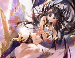 Rule 34 | 1girl, armlet, asymmetrical legwear, bikini, black hair, black ribbon, chiaspicy, closed mouth, commentary, detached collar, detached sleeves, earrings, fate/grand order, fate (series), floating, floating hair, gold trim, hair ribbon, heavenly boat maanna, highres, hoop earrings, ishtar (fate), jewelry, long hair, looking at viewer, mismatched bikini, mixed-language commentary, navel, parted bangs, red eyes, ribbon, single sleeve, single thighhigh, smile, solo, stomach, swimsuit, thighhighs, tiara, two side up, weapon
