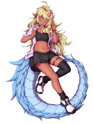 Rule 34 | 1boy, absurdres, ahoge, asymmetrical legwear, black skirt, black sports bra, blonde hair, borrowed character, colored skin, commentary, commission, double finger gun, dragon tail, finger gun, full body, hair ornament, highres, jacket, male focus, mars symbol, mars symbol hair ornament, mefomefo, midriff, navel, orange eyes, original, pink jacket, pleated skirt, pointing, pointing at viewer, pointy ears, red skin, shoes, single thighhigh, skirt, sneakers, solo, sports bra, tail, thigh strap, thighhighs, trap