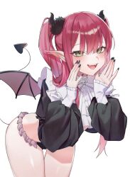 Rule 34 | 1girl, :d, absurdres, bent over, black nails, breasts, cosplay, demon girl, demon horns, demon tail, demon wings, green eyes, highres, horns, kitagawa marin, long hair, long sleeves, looking at viewer, may.l, medium breasts, nail polish, open mouth, pointy ears, red hair, rizu-kyun, shiny skin, smile, solo, sono bisque doll wa koi wo suru, tail, teeth, tongue, twintails, underwear, upper teeth only, white background, wings