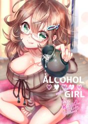 Rule 34 | 1girl, :q, ahoge, alcohol, artist name, bare shoulders, blush, bottle, breasts, brown hair, copyright name, dress, drunk, glasses, green eyes, hair ornament, hairclip, highres, large breasts, looking at viewer, messy hair, no pants, original, perspective, sake, sake bottle, sitting, on floor, solo, spill, spilling, strapless, strapless dress, sweater, sweater dress, teltelhousi, text focus, tongue, tongue out