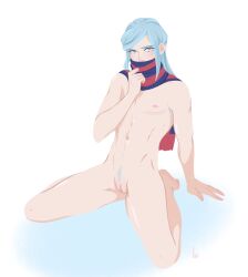 Rule 34 | 1boy, arm support, armpit hair, armpit hair peek, blue eyes, blue hair, commentary, completely nude, creatures (company), english commentary, game freak, grusha (pokemon), highres, lophilia spicy, male focus, male pubic hair, mastectomy scar, navel, nintendo, nude, pokemon, pokemon sv, pubic hair, pussy, reverse newhalf, scar, scar on chest, scarf, scarf over mouth, signature, sitting, solo, striped clothes, striped scarf