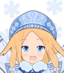 Rule 34 | 1girl, :d, abigail williams (fate), absurdres, ainu clothes, arms up, atsumisu, bad id, bad pixiv id, blonde hair, blue eyes, blue hat, blush, commentary request, cosplay, fate/grand order, fate (series), forehead, fur collar, hair bobbles, hair ornament, hat, highres, illyasviel von einzbern, long hair, looking at viewer, open mouth, parted bangs, simple background, sitonai (fate), sitonai (fate) (cosplay), sitonai (third ascension) (fate), smile, snowflake background, solo, teeth, upper body, upper teeth only, white background