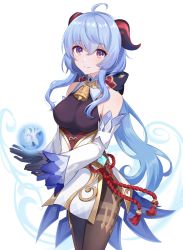 Rule 34 | ahoge, bare shoulders, bell, black gloves, black legwear, blue hair, blush, bow, breasts, chinese knot, curled horns, detached sleeves, flower knot, ganyu (genshin impact), genshin impact, gloves, gold trim, highres, horns, light smile, long hair, looking at viewer, low ponytail, medium breasts, multicolored eyes, neck bell, nemu mohu, orb, qilin (mythology), red rope, rope, sidelocks, solo, standing, tassel, thighlet, vision (genshin impact), waist cape, white background, white sleeves, wide sleeves