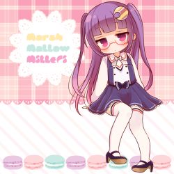 Rule 34 | 1girl, alternate costume, alternate hairstyle, artist name, bad id, bad pixiv id, blunt bangs, casual, crescent, crescent hair ornament, food, glasses, hair ornament, jitome, macaron, mary janes, mashiro miru, patchouli knowledge, purple eyes, purple hair, red-framed eyewear, semi-rimless eyewear, shoes, sitting, solo, thighhighs, touhou, twintails, two side up, under-rim eyewear, white thighhighs