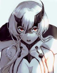Rule 34 | 1girl, absurdres, abyssal ship, asymmetrical horns, breasts, cleavage, colored skin, grey background, hagioshi, hair between eyes, heavy cruiser princess, highres, hood, hoodie, horns, jacket, kantai collection, open mouth, pale skin, red eyes, short hair with long locks, sidelocks, simple background, sleeveless, solo, uneven horns, upper body, white hoodie, white skin
