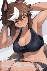 Rule 34 | 1girl, abs, animal ears, armpits, arms behind head, bike shorts, black shirt, black shorts, blush, breasts, brown eyes, brown hair, cleavage, clenched teeth, collarbone, commentary, commission, crop top, english commentary, exercising, hawe king, highres, horse ears, horse girl, horse tail, indie virtual youtuber, large breasts, long hair, multicolored hair, shirt, shorts, sidelocks, simple background, sit-up, skeb commission, sleeveless, solo, sweat, tail, teeth, tomoe umari, virtual youtuber, white background, white hair