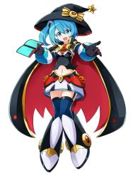 Rule 34 | 1girl, alternate costume, android, blue eyes, blue hair, breasts, cape, full body, halloween, hat, highres, knees together feet apart, medium breasts, mega man (series), mega man x (series), mega man x dive, miniskirt, navel, open mouth, ribbon, rico (mega man), side ponytail, skirt, smile, solo, thighhighs, witch, witch hat, yuri nozomi, zettai ryouiki