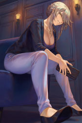 Rule 34 | 1girl, absurdres, artoria pendragon (fate), artoria pendragon (lancer alter) (fate), bag, black footwear, black jacket, braid, breasts, cleavage, commentary request, couch, fate/grand order, fate (series), french braid, grey hair, grey pants, grin, hair bun, handbag, high heels, highres, indoors, jacket, jewelry, large breasts, leaning forward, long hair, long sleeves, looking at viewer, mashuu (neko no oyashiro), necklace, no socks, open clothes, open jacket, pants, parted lips, purple shirt, shirt, shoe soles, shoes, sidelocks, signature, single hair bun, sitting, sitting sideways, slit pupils, smile, solo, teeth, wall lamp, wallet, yellow eyes