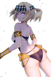 Rule 34 | 1girl, absurdres, artist request, ass, back, bare shoulders, bikini, black panties, blonde hair, breasts, butt crack, fate/grand order, fate (series), from behind, hair between eyes, highres, jewelry, jrpuls3, long hair, looking at viewer, looking back, medium breasts, neck ring, open mouth, panties, parted lips, pollux (fate), purple eyes, shiny skin, sideboob, simple background, solo, swimsuit, thighs, twintails, underwear, white background