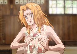 Rule 34 | 1girl, :q, bleach, blue eyes, breasts squeezed together, breasts, censored, completely nude, cum, cum on body, cum on breasts, cum on upper body, facial, grabbing own breast, indoors, kyabakurabakufu, large breasts, light smile, long hair, looking at viewer, lying, matsumoto rangiku, mole, mole under mouth, mosaic censoring, nipples, nude, orange hair, paizuri, parted lips, penis, pov, smile, sweat, tongue, tongue out, wide sleeves