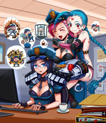 Rule 34 | 1boy, 5girls, :3, ahoge, artist name, bandages, bare shoulders, bespectacled, between breasts, blue eyes, blue hair, braid, breast tattoo, breasts, caitlyn (league of legends), chan qi (fireworkhouse), cleavage, computer, cuffs, cupcake, dated, closed eyes, food, gauntlets, glasses, handcuffs, highres, huge ahoge, jinx (league of legends), large breasts, league of legends, leblanc (league of legends), lee sin, long hair, multiple girls, necktie, necktie between breasts, officer caitlyn, officer vi, pink hair, police, police uniform, policewoman, poppy (league of legends), red eyes, siblings, sister, smile, tattoo, uniform, very long hair, vi (league of legends)