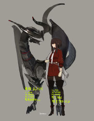 Rule 34 | 1girl, artist name, black pantyhose, boots, brown hair, coat, dragon, full body, gloves, grey background, off shoulder, original, pantyhose, puffy short sleeves, puffy sleeves, red eyes, red shirt, shirt, short hair, short sleeves, sidelocks, siirakannu, simple background, solo, standing, stats, thigh boots, thighhighs, white gloves