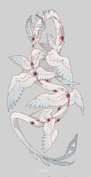 Rule 34 | animal focus, artist name, commentary, english commentary, extra eyes, feathered wings, forked tongue, full body, grey background, highres, horns, monster, multiple wings, no humans, original, red eyes, scales, shuini xiaomao, signature, simple background, slit pupils, solo, tail, tongue, tongue out, wings