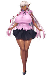 Rule 34 | 1girl, aoi nagisa (metalder), blouse, breasts, covered erect nipples, dark-skinned female, dark skin, evelyn celebrian, full body, gradient hair, hair ribbon, highres, huge breasts, legs together, long hair, looking at viewer, multicolored hair, official art, pink hair, pink shirt, pointy ears, ribbon, shiny skin, shirt, simple background, skirt, sleeveless, smile, solo, standing, white background, white hair, yellow eyes, youkoso! sukebe elf no mori e