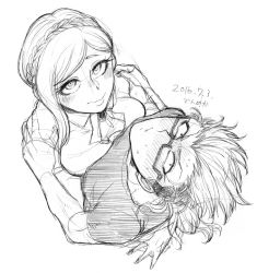 Rule 34 | 1boy, 1girl, ascot, bespectacled, blush, braid, breast press, breasts, closed mouth, danganronpa (series), danganronpa 2: goodbye despair, dated, den1208, from above, glasses, greyscale, hug, large breasts, long hair, looking at viewer, looking up, monochrome, shirt, short hair, short sleeves, sketch, sonia nevermind, soda kazuichi