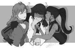Rule 34 | 3girls, ?, arm around shoulder, blake belladonna, blush, breasts, cleavage, dark skin, dark-skinned female, dated, full-face blush, greyscale, hand on own hip, ilia amitola, jacket, long hair, long sleeves, looking at another, medium breasts, midriff, monochrome, multiple girls, navel, open clothes, open jacket, open mouth, ponytail, rivalry, rwby, signature, sleeveless, spots, upper body, yang xiao long, yuri