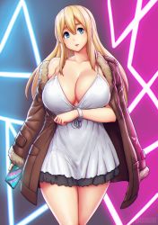 Rule 34 | 1girl, aged up, alternate breast size, arm under breasts, bare shoulders, blonde hair, blue eyes, bracelet, breasts, cellphone, cleavage, coat, collarbone, dress, erkaz, fur trim, hair between eyes, head tilt, highres, holding, holding phone, huge breasts, iphone x, jewelry, k-on!, kotobuki tsumugi, large breasts, long hair, looking at viewer, open clothes, open coat, open mouth, phone, sidelocks, smartphone, solo, thighs, white dress