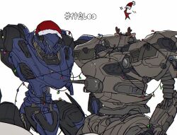 Rule 34 | antlers, armored core, armored core 6, christmas lights, cowboy shot, hat, horns, loader 4, mecha, mecha focus, mznomono, no humans, one-eyed, red headwear, reindeer antlers, robot, santa hat, science fiction, simple background, standing, steel haze, translated, white background