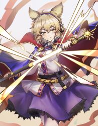Rule 34 | 1girl, absurdres, blonde hair, cape, closed mouth, cowboy shot, earmuffs, highres, holding, holding sword, holding weapon, looking at viewer, pointy hair, purple cape, purple skirt, red cape, sheath, shirt, shishui guima, short hair, skirt, sleeveless, sleeveless shirt, smile, solo, sword, touhou, toyosatomimi no miko, two-sided cape, two-sided fabric, unsheathing, weapon, white shirt, yellow eyes