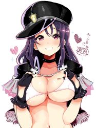 Rule 34 | 1girl, believe again, bikini, black hat, blush, breast suppress, breasts, breasts squeezed together, choker, cleavage, collarbone, grin, hair down, hand under clothes, hand under swimsuit, hat, heart, highres, kazuno sarah, kuzu kow, looking at viewer, love live!, love live! sunshine!!, love live! sunshine!! the school idol movie over the rainbow, purple eyes, purple hair, simple background, smile, solo, studded choker, swimsuit, teeth, upper body, white background, white bikini