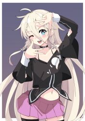 Rule 34 | 1girl, ;d, ahoge, arm up, black choker, black jacket, black shirt, black thighhighs, blonde hair, blue eyes, blush, braid, cevio, choker, collarbone, commentary, contrapposto, double w, finger frame, hand up, highres, ia (vocaloid), jacket, layered sleeves, long hair, long sleeves, looking at viewer, midriff, navel, one eye closed, open mouth, pink skirt, pleated skirt, shirt, short over long sleeves, short sleeves, skirt, smile, solo, thighhighs, very long hair, vocaloid, w, wide sleeves, zooanime