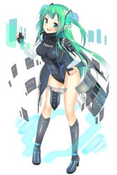 Rule 34 | 1girl, absurdres, aqua eyes, black footwear, black gloves, black leotard, blush, boots, breasts, character request, covered navel, dot nose, fingerless gloves, full body, gloves, green hair, hair ornament, hand on own hip, happy, highres, holographic interface, index finger raised, interface, kaden shoujo, knee boots, leotard, long hair, medium breasts, numbers, official art, open mouth, percentage, round teeth, simple background, skin tight, smile, solo, standing, teeth, two side up, white background, white sleeves