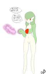 Rule 34 | 1girl, absurdres, bottomless, breasts, cleft of venus, clitoris, collarbone, creatures (company), dildo, english text, female focus, full body, game freak, gardevoir, gen 3 pokemon, green hair, hand up, highres, legs apart, looking at viewer, looking to the side, magic, marbearis, navel, nintendo, pokemon, pokemon (creature), pokemon rse, pussy, red eyes, sex toy, short hair, signature, simple background, small breasts, smile, solo, standing, telekinesis, text focus, thigh gap, uncensored, white background