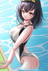 Rule 34 | 1girl, agedashi doufu mk23, black hair, breasts, brown eyes, competition swimsuit, cowboy shot, green hairband, hairband, highleg, highleg swimsuit, highres, large breasts, medium breasts, one-piece swimsuit, original, parted lips, solo, standing, swimsuit, water, wet, wet clothes, wet swimsuit, white one-piece swimsuit